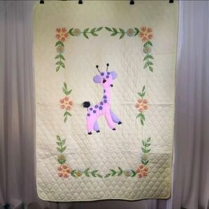 Handmade Baby Quilt with Adorable Pink Giraffe Applique & Crochet Flowers